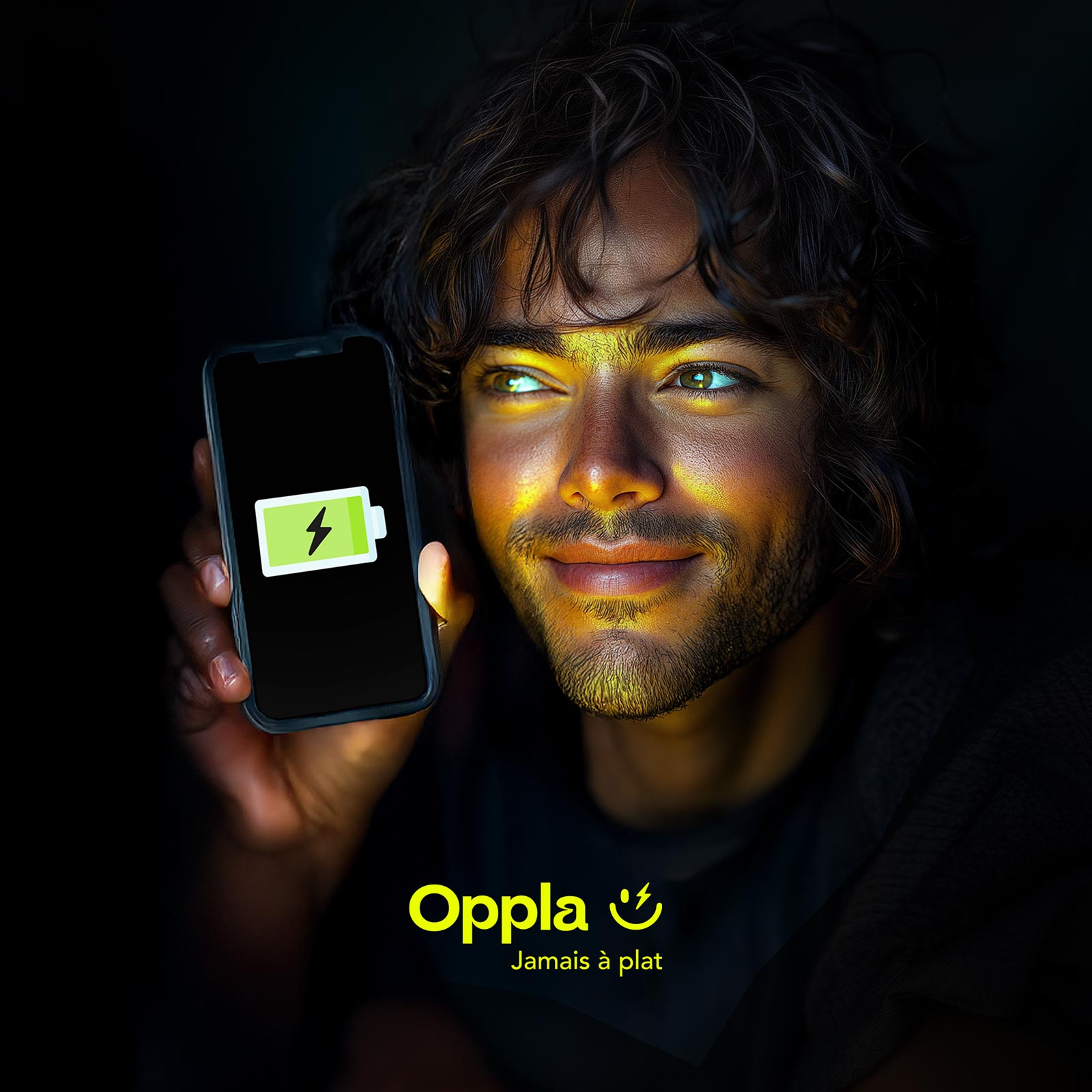 Homme heureux d'utiliser les batteries externes oppla